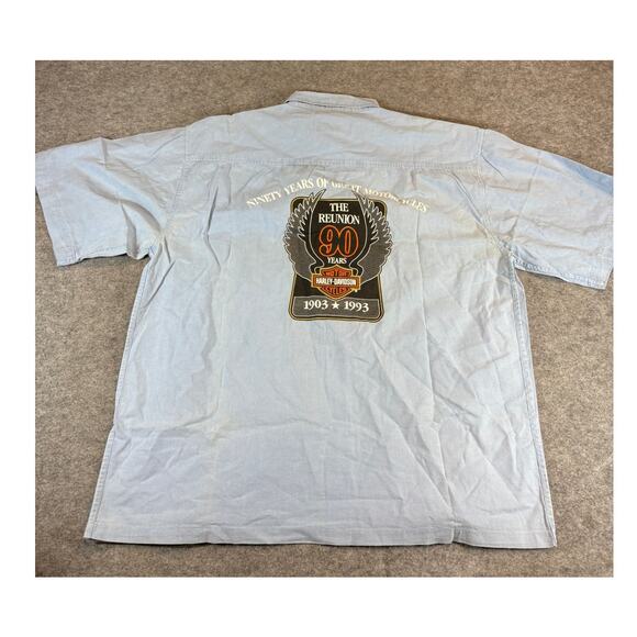 VINTAGE Harley Davidson 90th Anniversary Button Up Shirt Men XL Blue Motor Biker - Picture 2 of 8
